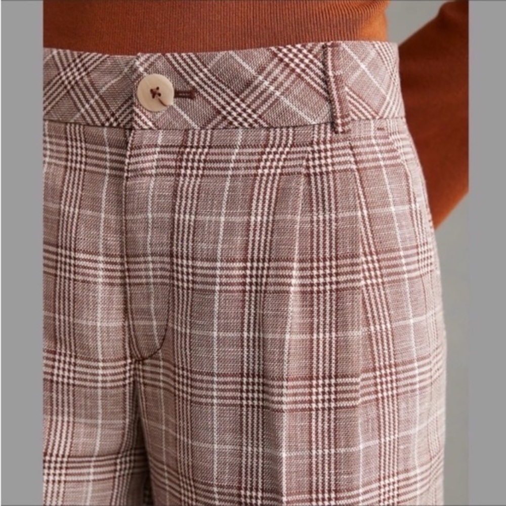 Maeve Pleated Plaid Brown High Rise Linen Wide Leg Trousers Pants - Picture 3 of 9